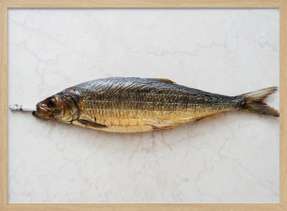 A surreal photograph of a whole smoked fish with a cigarette butt in its mouth, laying horizontally on a white marble surface, all within a silver frame. Wall Art