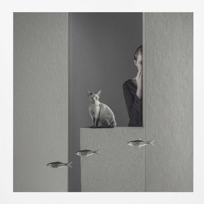 A framed, surreal monochrome photograph featuring a grey cat sitting on a ledge, with a woman partially hidden behind a wall peeking out. Three small fish appear to be floating in a line in the lower part of the image. Poster