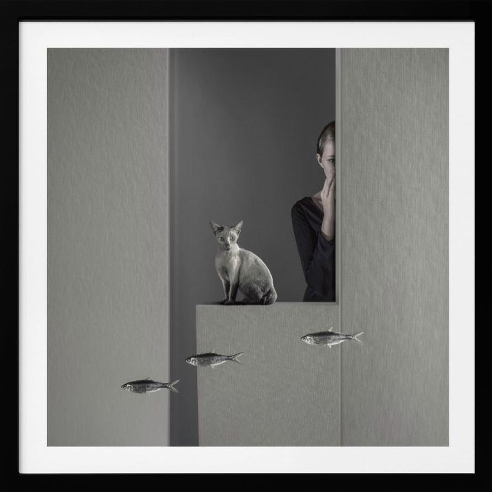 A framed, surreal monochrome photograph featuring a grey cat sitting on a ledge, with a woman partially hidden behind a wall peeking out. Three small fish appear to be floating in a line in the lower part of the image. Poster