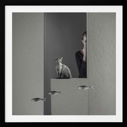 A framed, surreal monochrome photograph featuring a grey cat sitting on a ledge, with a woman partially hidden behind a wall peeking out. Three small fish appear to be floating in a line in the lower part of the image. Poster