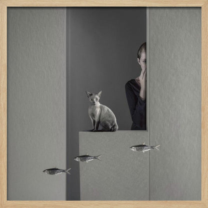 A framed, surreal monochrome photograph featuring a grey cat sitting on a ledge, with a woman partially hidden behind a wall peeking out. Three small fish appear to be floating in a line in the lower part of the image. Poster