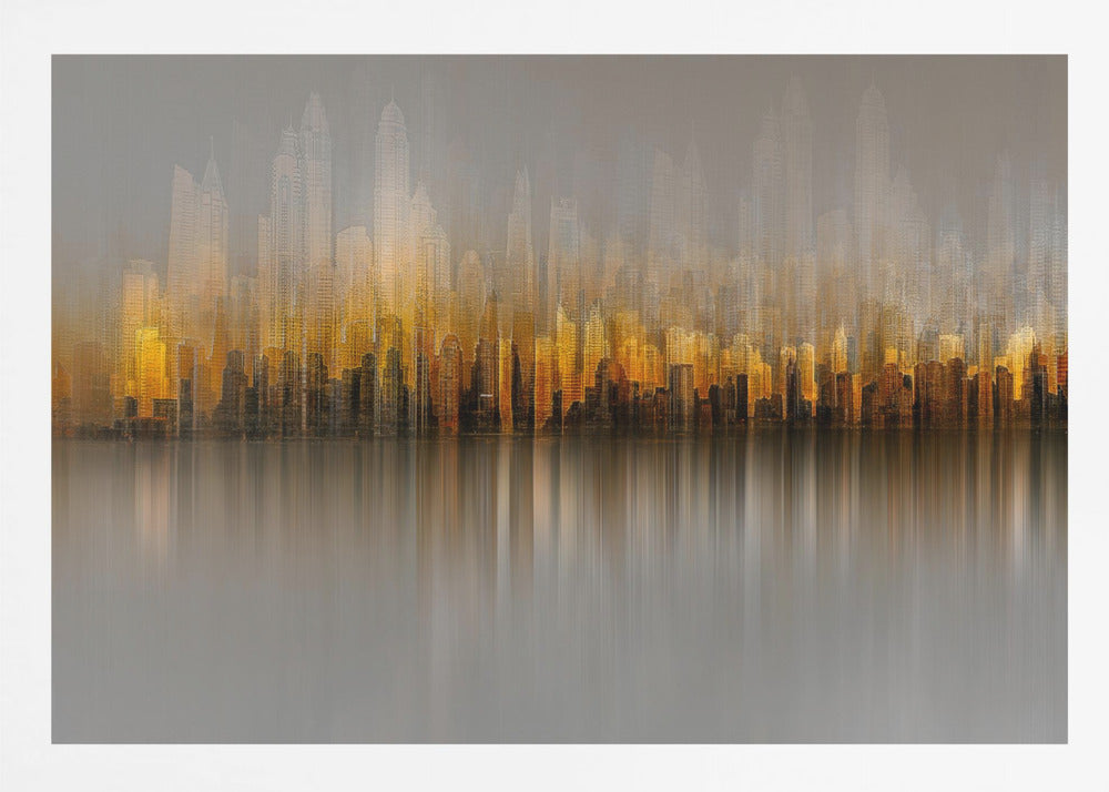 An abstract painting of a city skyline at sunset or sunrise, with buildings glowing in shades of gold, orange, and brown. The hazy, gray sky shows faint outlines of taller buildings in the background. The city is reflected in the water below, with the colors stretched into long, vertical streaks that blend into the gray foreground. The entire piece is enclosed in a simple silver frame. Wall Art