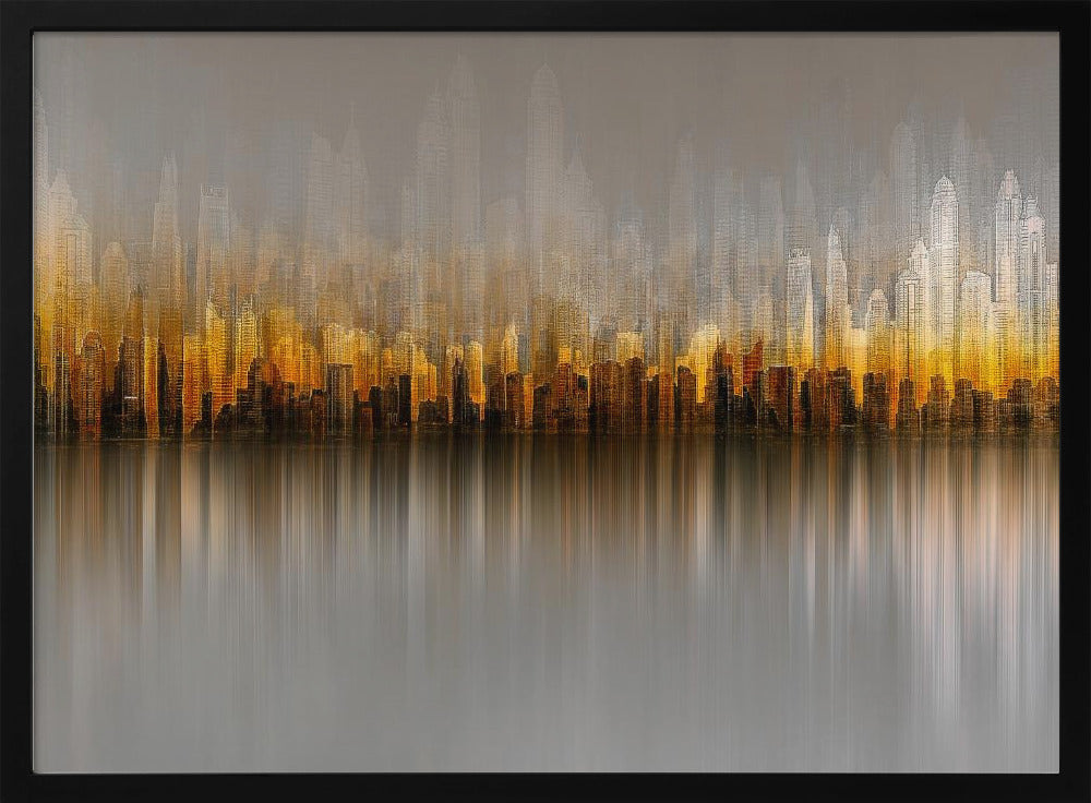 An abstract painting of a city skyline at sunset or sunrise, with buildings glowing in shades of gold, orange, and brown. The hazy, gray sky shows faint outlines of taller buildings in the background. The city is reflected in the water below, with the colors stretched into long, vertical streaks that blend into the gray foreground. The entire piece is enclosed in a simple silver frame. Wall Art