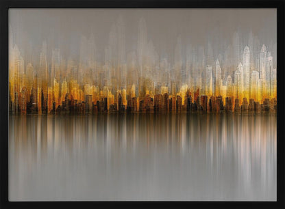 An abstract painting of a city skyline at sunset or sunrise, with buildings glowing in shades of gold, orange, and brown. The hazy, gray sky shows faint outlines of taller buildings in the background. The city is reflected in the water below, with the colors stretched into long, vertical streaks that blend into the gray foreground. The entire piece is enclosed in a simple silver frame. Wall Art