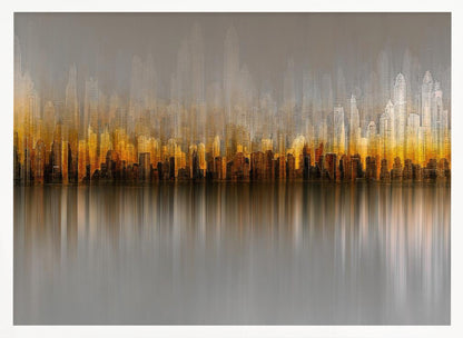 An abstract painting of a city skyline at sunset or sunrise, with buildings glowing in shades of gold, orange, and brown. The hazy, gray sky shows faint outlines of taller buildings in the background. The city is reflected in the water below, with the colors stretched into long, vertical streaks that blend into the gray foreground. The entire piece is enclosed in a simple silver frame. Wall Art