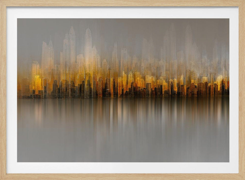 An abstract painting of a city skyline at sunset or sunrise, with buildings glowing in shades of gold, orange, and brown. The hazy, gray sky shows faint outlines of taller buildings in the background. The city is reflected in the water below, with the colors stretched into long, vertical streaks that blend into the gray foreground. The entire piece is enclosed in a simple silver frame. Wall Art