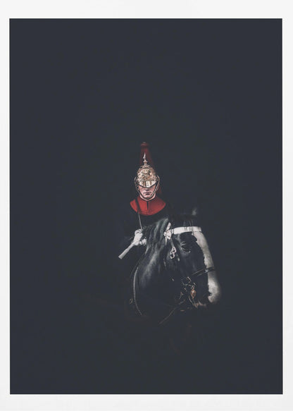 A dramatic portrait of a British Royal Guard on a black horse, emerging from a completely black background. The guard is wearing a traditional uniform with a red collar and a shiny gold helmet with a red plume. Poster
