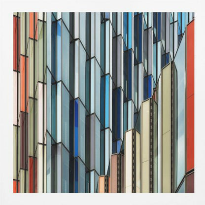 A close-up abstract photograph of a modern building's facade, featuring a complex pattern of colorful, angular glass panels in shades of blue, orange, red, and gray, all presented within a light wood frame. Wall Art