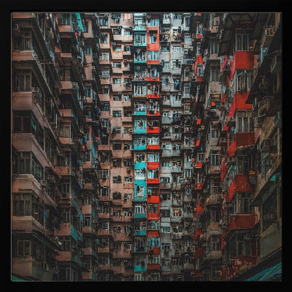 A framed, low-angle photograph looking up at densely packed, weathered apartment buildings that create a canyon-like view, with some facades painted in vibrant red and teal. Wall Art