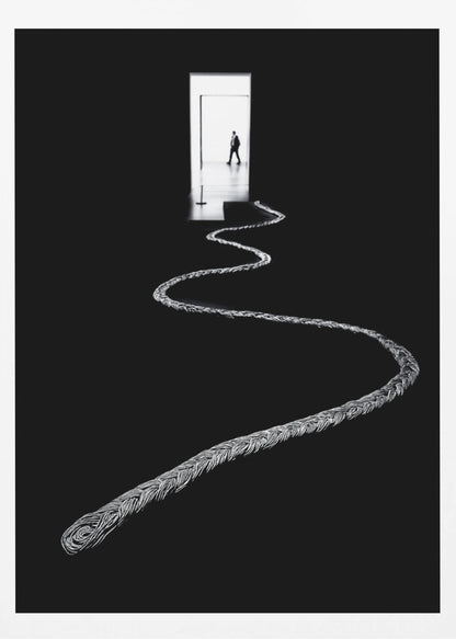 A high-contrast, black and white photograph of a thick, silver, braided rope winding across a black floor, leading towards a brightly lit doorway in the distance where a silhouetted man is walking away. Wall Art