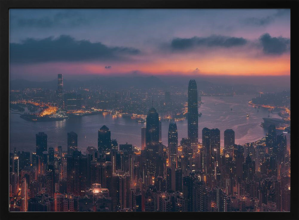 An aerial photograph of a sprawling city skyline at dusk, likely Hong Kong, with countless illuminated skyscrapers. The sky above transitions from a warm orange glow at the horizon to a deep purple, with dark clouds overhead. The city lights cast a golden reflection on the water of the harbor. The entire image is presented within a silver-colored frame. Poster