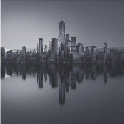 A framed, moody black and white photograph of the Lower Manhattan skyline, featuring the One World Trade Center, with a perfect, still reflection of the skyscrapers in the water below. Decor