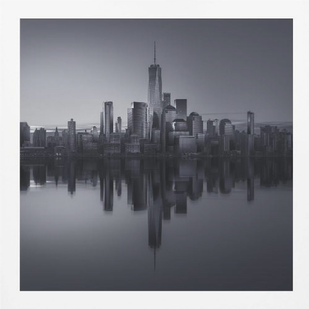 A framed, moody black and white photograph of the Lower Manhattan skyline, featuring the One World Trade Center, with a perfect, still reflection of the skyscrapers in the water below. Decor