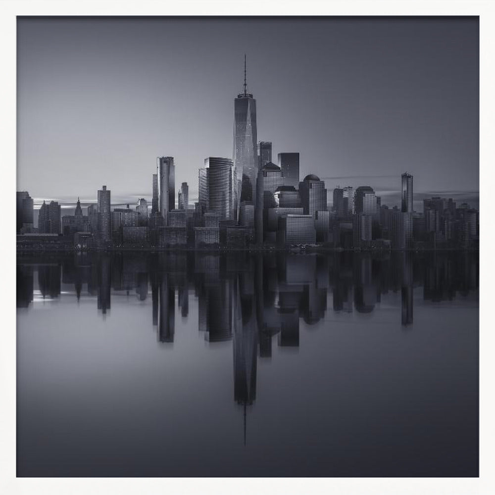 A framed, moody black and white photograph of the Lower Manhattan skyline, featuring the One World Trade Center, with a perfect, still reflection of the skyscrapers in the water below. Decor
