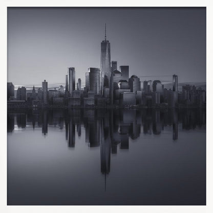A framed, moody black and white photograph of the Lower Manhattan skyline, featuring the One World Trade Center, with a perfect, still reflection of the skyscrapers in the water below. Decor