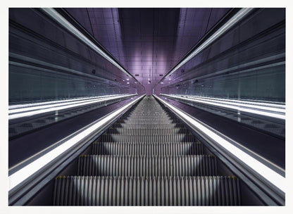 A symmetrical, first-person view looking down a long, empty escalator in a modern subway station, with bright white lights lining the handrails and a purple glow on the ceiling, creating a futuristic and infinite perspective. Wall Art