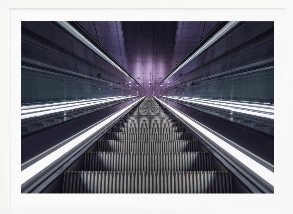 A symmetrical, first-person view looking down a long, empty escalator in a modern subway station, with bright white lights lining the handrails and a purple glow on the ceiling, creating a futuristic and infinite perspective. Wall Art