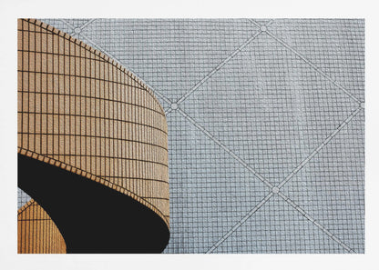 An abstract architectural image with a painterly texture, framed in gray. The composition features a curved wall of vertical brown tiles on the left, casting a sharp black shadow, juxtaposed with a flat surface of gray square tiles arranged in a grid with diagonal lines on the right. Artwork