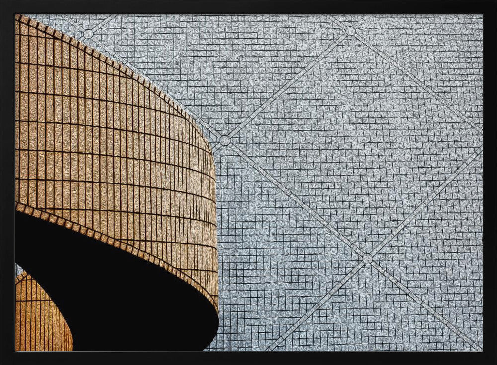 An abstract architectural image with a painterly texture, framed in gray. The composition features a curved wall of vertical brown tiles on the left, casting a sharp black shadow, juxtaposed with a flat surface of gray square tiles arranged in a grid with diagonal lines on the right. Artwork
