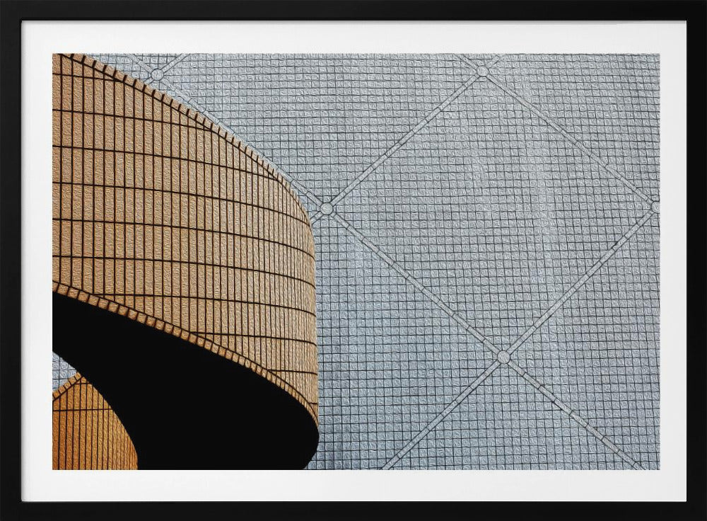 An abstract architectural image with a painterly texture, framed in gray. The composition features a curved wall of vertical brown tiles on the left, casting a sharp black shadow, juxtaposed with a flat surface of gray square tiles arranged in a grid with diagonal lines on the right. Artwork
