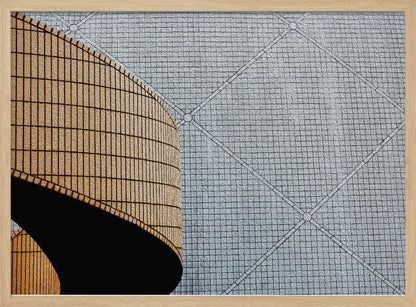 An abstract architectural image with a painterly texture, framed in gray. The composition features a curved wall of vertical brown tiles on the left, casting a sharp black shadow, juxtaposed with a flat surface of gray square tiles arranged in a grid with diagonal lines on the right. Artwork