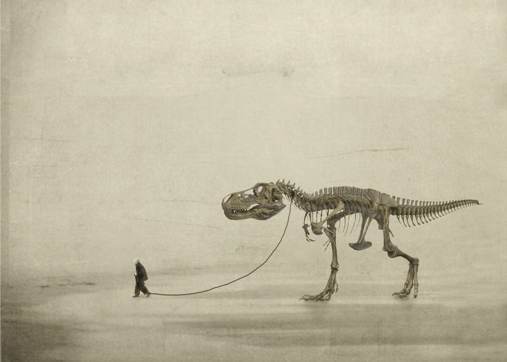 A surreal, sepia-toned artwork depicting a small man in a dark coat walking a massive Tyrannosaurus Rex skeleton on a leash against a minimalist, textured beige background, all within a silver frame. Wall Art