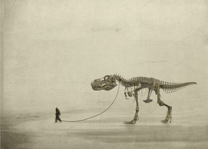A surreal, sepia-toned artwork depicting a small man in a dark coat walking a massive Tyrannosaurus Rex skeleton on a leash against a minimalist, textured beige background, all within a silver frame. Wall Art