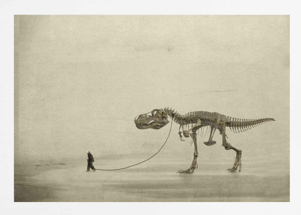 A surreal, sepia-toned artwork depicting a small man in a dark coat walking a massive Tyrannosaurus Rex skeleton on a leash against a minimalist, textured beige background, all within a silver frame. Wall Art