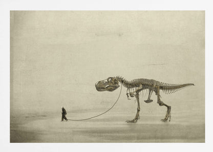 A surreal, sepia-toned artwork depicting a small man in a dark coat walking a massive Tyrannosaurus Rex skeleton on a leash against a minimalist, textured beige background, all within a silver frame. Wall Art