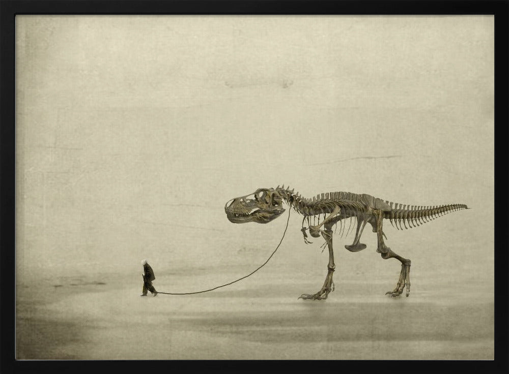 A surreal, sepia-toned artwork depicting a small man in a dark coat walking a massive Tyrannosaurus Rex skeleton on a leash against a minimalist, textured beige background, all within a silver frame. Wall Art