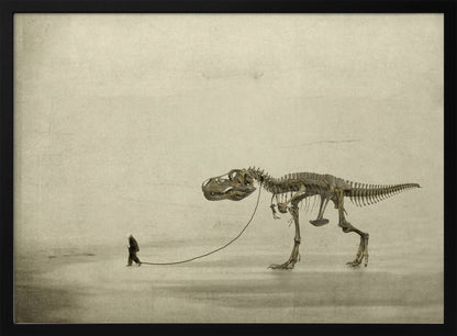 A surreal, sepia-toned artwork depicting a small man in a dark coat walking a massive Tyrannosaurus Rex skeleton on a leash against a minimalist, textured beige background, all within a silver frame. Wall Art