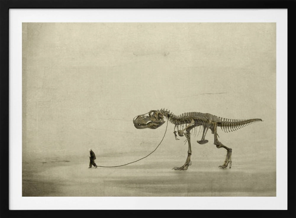 A surreal, sepia-toned artwork depicting a small man in a dark coat walking a massive Tyrannosaurus Rex skeleton on a leash against a minimalist, textured beige background, all within a silver frame. Wall Art