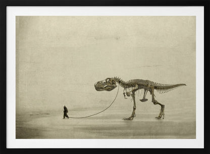 A surreal, sepia-toned artwork depicting a small man in a dark coat walking a massive Tyrannosaurus Rex skeleton on a leash against a minimalist, textured beige background, all within a silver frame. Wall Art