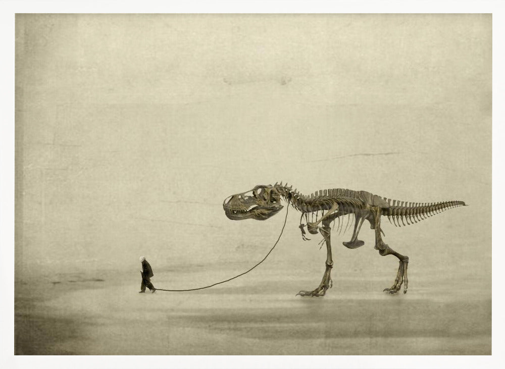 A surreal, sepia-toned artwork depicting a small man in a dark coat walking a massive Tyrannosaurus Rex skeleton on a leash against a minimalist, textured beige background, all within a silver frame. Wall Art