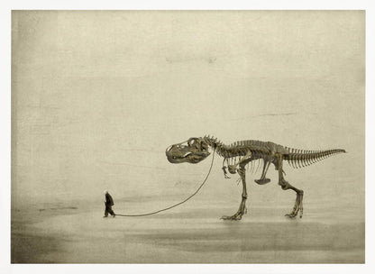 A surreal, sepia-toned artwork depicting a small man in a dark coat walking a massive Tyrannosaurus Rex skeleton on a leash against a minimalist, textured beige background, all within a silver frame. Wall Art