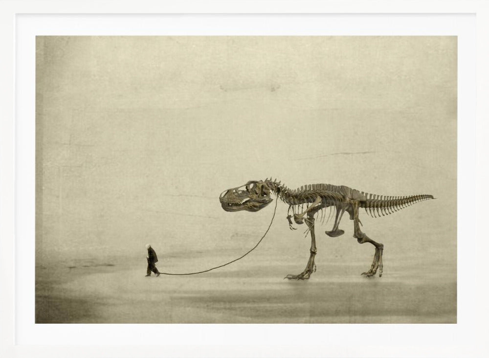 A surreal, sepia-toned artwork depicting a small man in a dark coat walking a massive Tyrannosaurus Rex skeleton on a leash against a minimalist, textured beige background, all within a silver frame. Wall Art