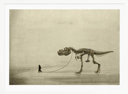 A surreal, sepia-toned artwork depicting a small man in a dark coat walking a massive Tyrannosaurus Rex skeleton on a leash against a minimalist, textured beige background, all within a silver frame. Wall Art