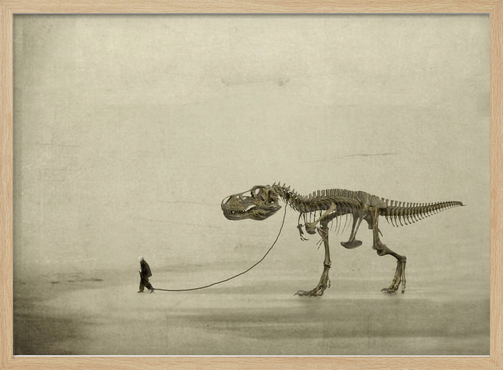 A surreal, sepia-toned artwork depicting a small man in a dark coat walking a massive Tyrannosaurus Rex skeleton on a leash against a minimalist, textured beige background, all within a silver frame. Wall Art