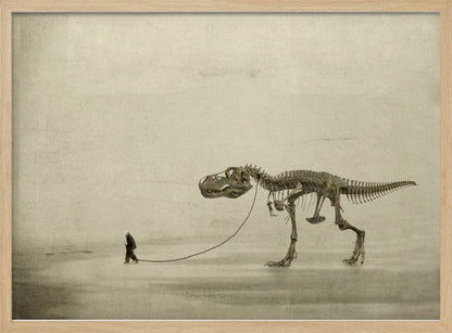 A surreal, sepia-toned artwork depicting a small man in a dark coat walking a massive Tyrannosaurus Rex skeleton on a leash against a minimalist, textured beige background, all within a silver frame. Wall Art