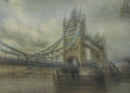 An artistic, hazy depiction of London's Tower Bridge under a cloudy sky. The image has a textured, vintage feel with a muted color palette of greys and beiges, and is set within a simple silver frame. Print