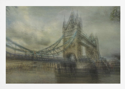 An artistic, hazy depiction of London's Tower Bridge under a cloudy sky. The image has a textured, vintage feel with a muted color palette of greys and beiges, and is set within a simple silver frame. Print