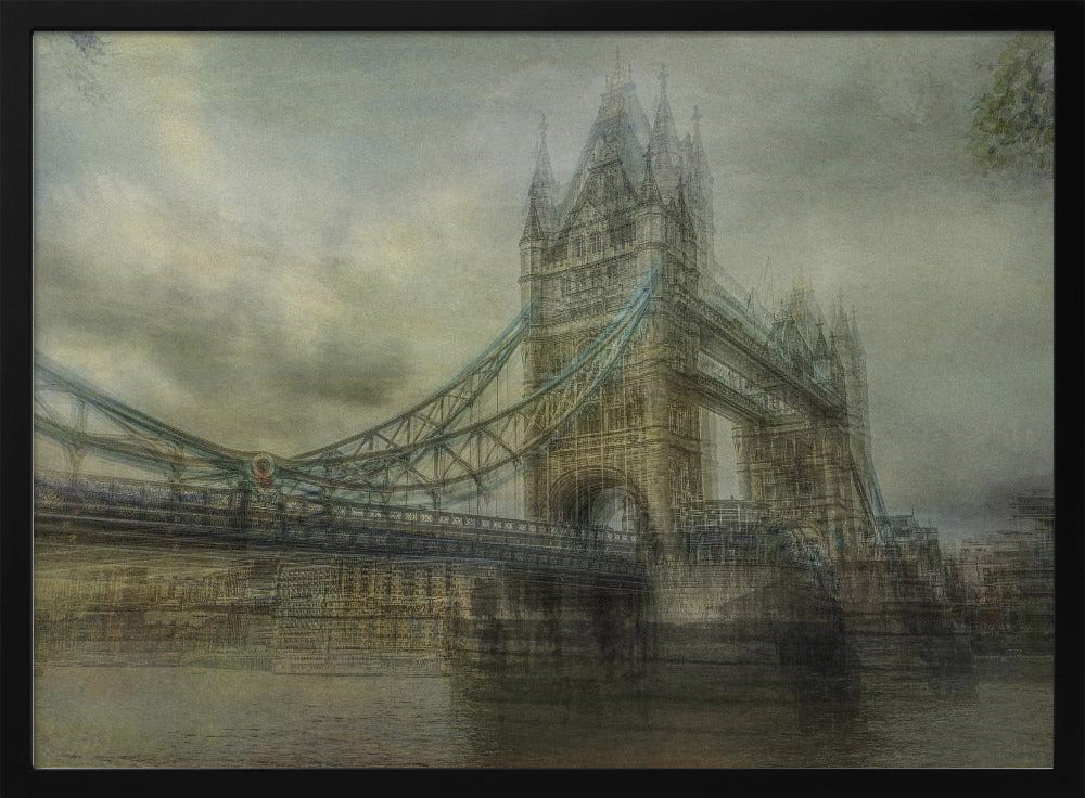 An artistic, hazy depiction of London's Tower Bridge under a cloudy sky. The image has a textured, vintage feel with a muted color palette of greys and beiges, and is set within a simple silver frame. Print