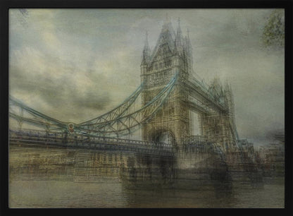 An artistic, hazy depiction of London's Tower Bridge under a cloudy sky. The image has a textured, vintage feel with a muted color palette of greys and beiges, and is set within a simple silver frame. Print