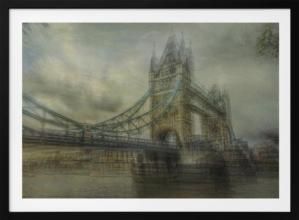 An artistic, hazy depiction of London's Tower Bridge under a cloudy sky. The image has a textured, vintage feel with a muted color palette of greys and beiges, and is set within a simple silver frame. Print