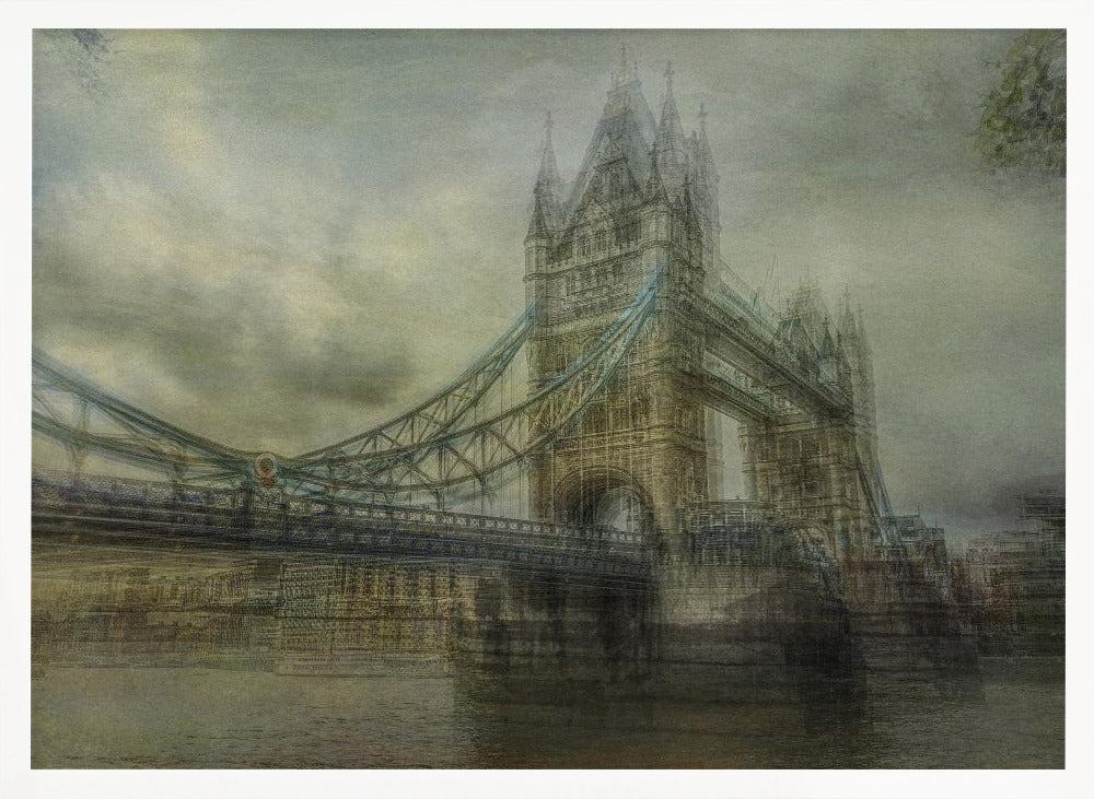 An artistic, hazy depiction of London's Tower Bridge under a cloudy sky. The image has a textured, vintage feel with a muted color palette of greys and beiges, and is set within a simple silver frame. Print