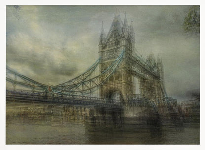 An artistic, hazy depiction of London's Tower Bridge under a cloudy sky. The image has a textured, vintage feel with a muted color palette of greys and beiges, and is set within a simple silver frame. Print