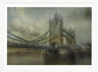 An artistic, hazy depiction of London's Tower Bridge under a cloudy sky. The image has a textured, vintage feel with a muted color palette of greys and beiges, and is set within a simple silver frame. Print