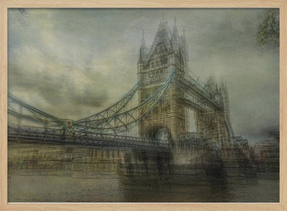 An artistic, hazy depiction of London's Tower Bridge under a cloudy sky. The image has a textured, vintage feel with a muted color palette of greys and beiges, and is set within a simple silver frame. Print