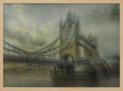 An artistic, hazy depiction of London's Tower Bridge under a cloudy sky. The image has a textured, vintage feel with a muted color palette of greys and beiges, and is set within a simple silver frame. Print