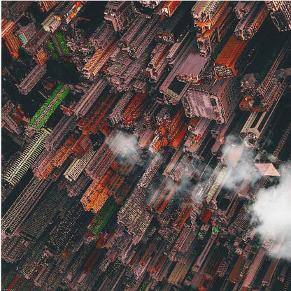 A dramatic, high-angle aerial photograph looking straight down into a super-dense, futuristic cityscape with towering skyscrapers packed together, featuring pops of orange and green among the dark buildings. Wisps of clouds float between the towers, and the image is presented in a light wood frame. Print